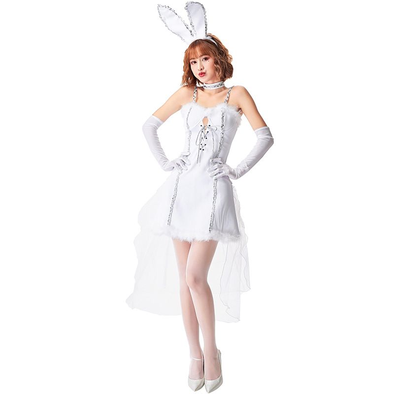 Halloween Party Kostüm Offene Brust Häschen Mädchen Weißes Kleid Großhandel Nihao Schmuck