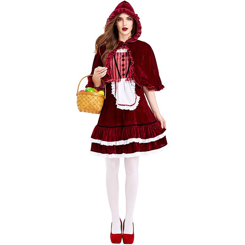 Halloween Costume Nouveau Commerce Extérieur Robe Rayé Vin Rouge Dentelle Châle Little Red Riding Capot De Partie De Costume Jupe Courte