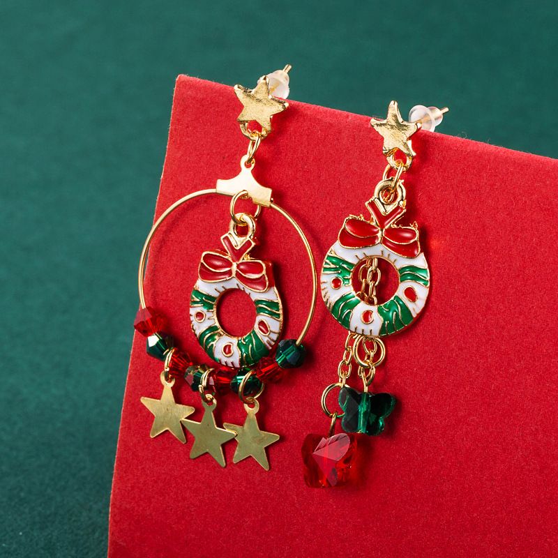 Christmas Elk Bell Socks Christmas Wreath Pendant Asymmetric Earrings For Women Ins Party Gift Earrings