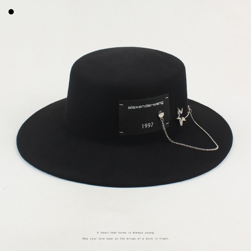 Hat Female 2021 Autumn And Winter New Temperament Leisure Flat Top Felt Cap European And American Style Fashionable Pin Patch Wool Top Hat