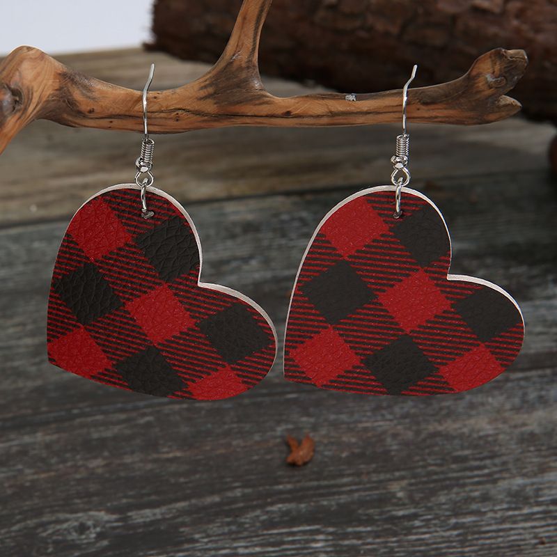 Simple New Heart Red Black Grid Pu Earrings Wholesale Nihaojewelry