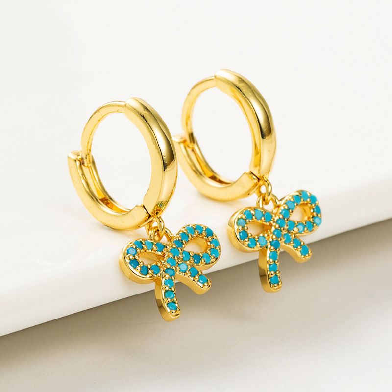 Korean Ins Simple And Fresh Lake Blue Bow Pendant Earrings Copper Zircon Temperament Earrings Small Jewelry Wholesale