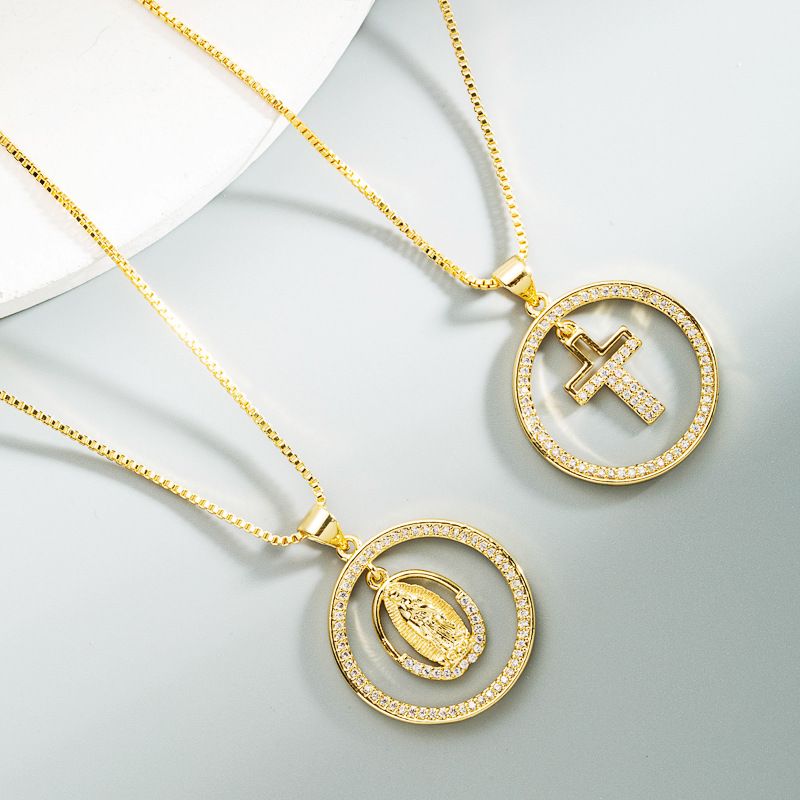 Mode 18k Kupfer Eingelegter Zirkon Runde Hohle Jungfrau Maria Kreuz Halskette Großhandel Nihaojewelry