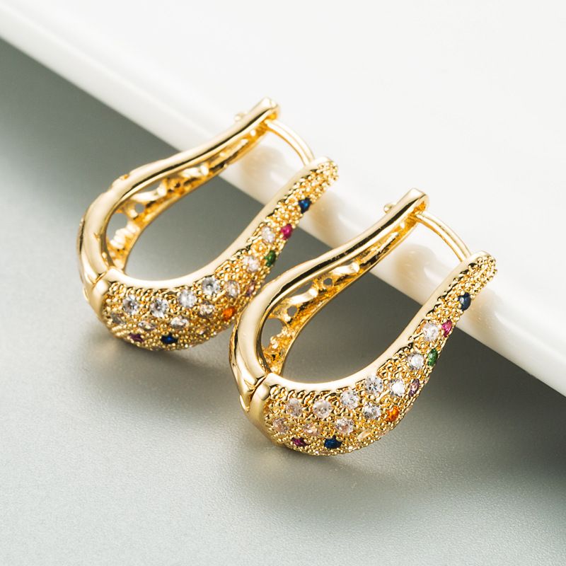 European And American Fashion Instagram Mesh Red Creative U-shaped Hollow Copper-plated Gold Earrings Studded With Zircon Female Trend Ornament Wholesale