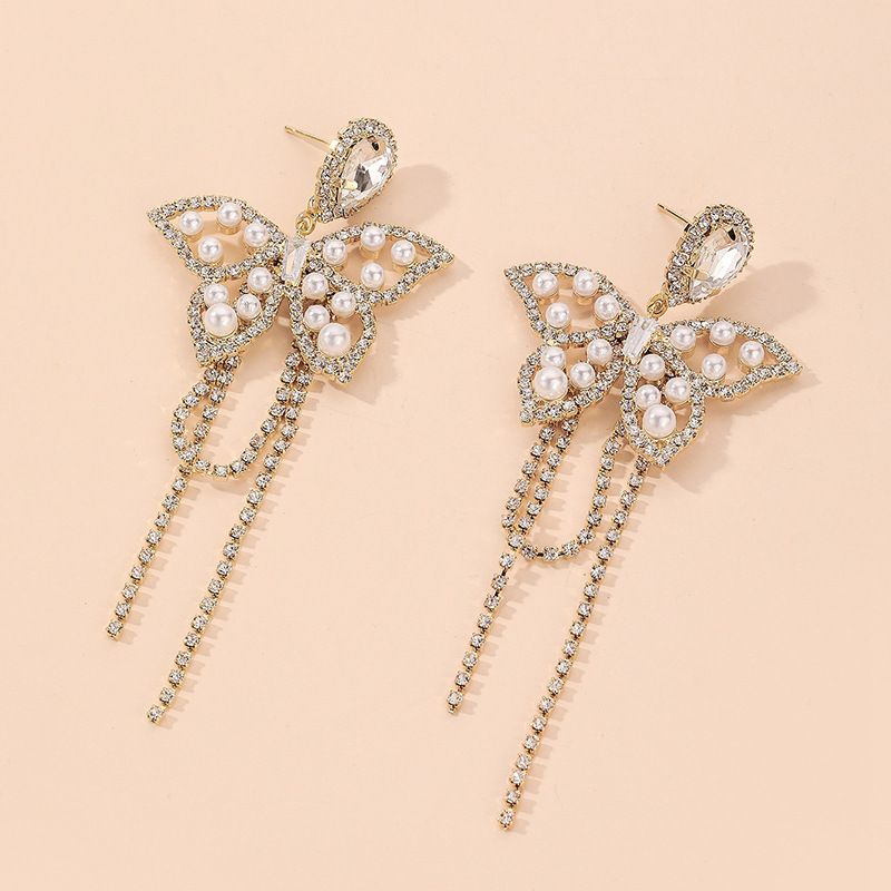 925 Silver Needle Micro Inlay Rhinestones Pearl Water Drop Butterfly Tassel Eardrops European And American Ins Fashion Personalized And Temperamental Earrings Women