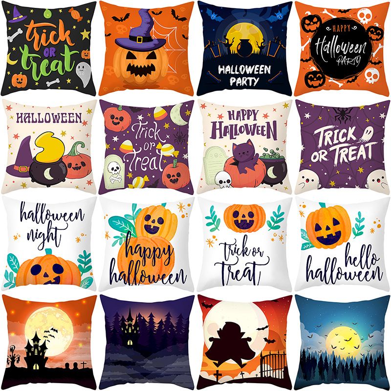 Cross-border Home Cartoon Pumpkin Head Halloween Pillow Cover Peach Skin Fabric Throw Pillowcase Office Sofas Cushion Cover