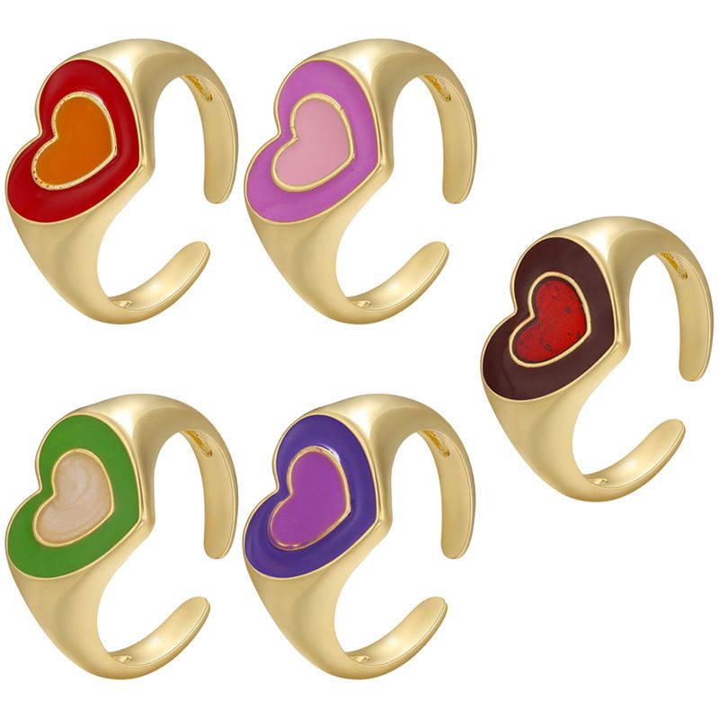 Vintage Color Dripping Oil Heart Shape Color Matching Opening Copper Ring Wholesale Nihaojewelry