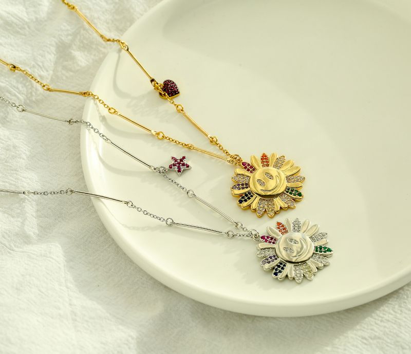 Micro-inlaid Colored Diamond Sun Flower Heart Pendent Copper Necklace Wholesale Nihaojewelry