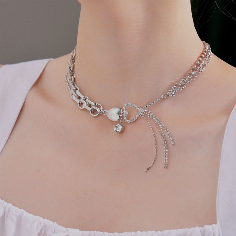 Korean Heart Bow Stitching Diamond Stainless Steel Clavicle Chain Wholesale Nihaojewelry