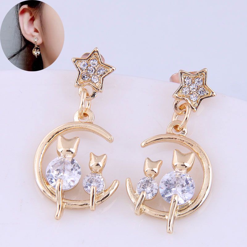 Koreanische Art-nette Katze Strass-anhänger-ohrringe Großhandel Nihaojewelry