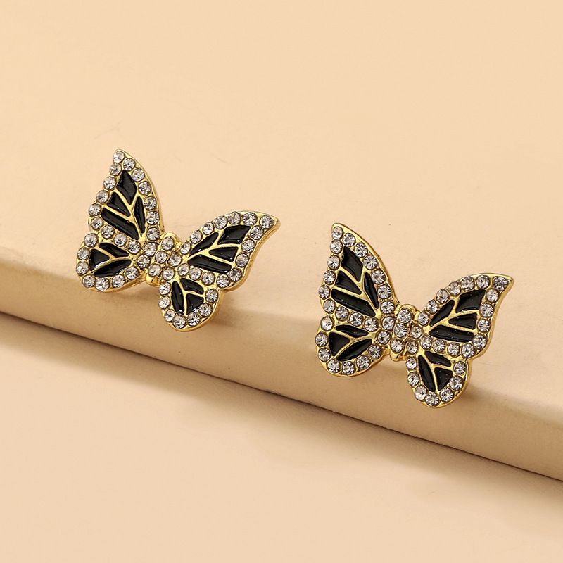 Pendientes De Botón De Mariposa De Diamantes De Imitación Con Incrustaciones Negras De Moda Al Por Mayor Nihaojewelry