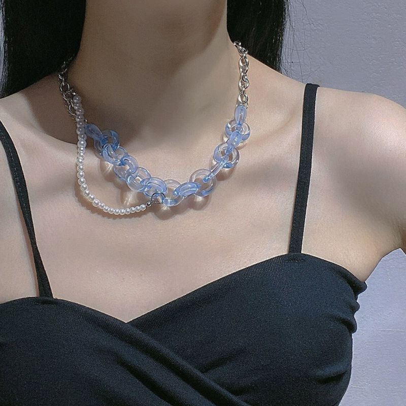 Fashion Light Blue Acrylic Hollow Chain Pearl Stitching Necklace Wholesale Nihaojewelry