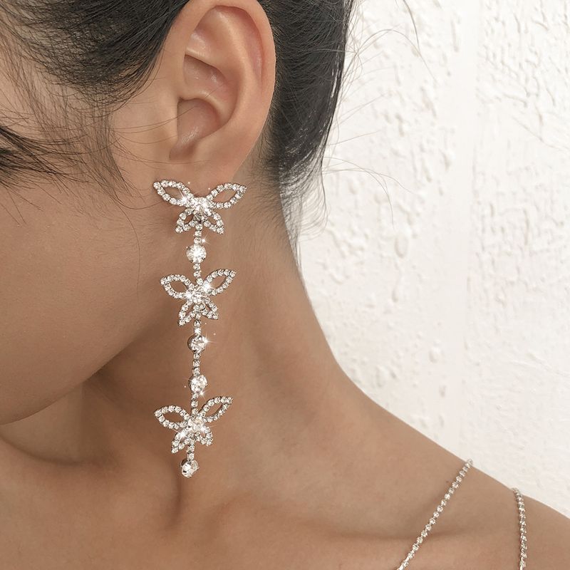 Fashion Full Diamond Long Butterfly Sparkling Earrings Wholesale Nihaojewelry