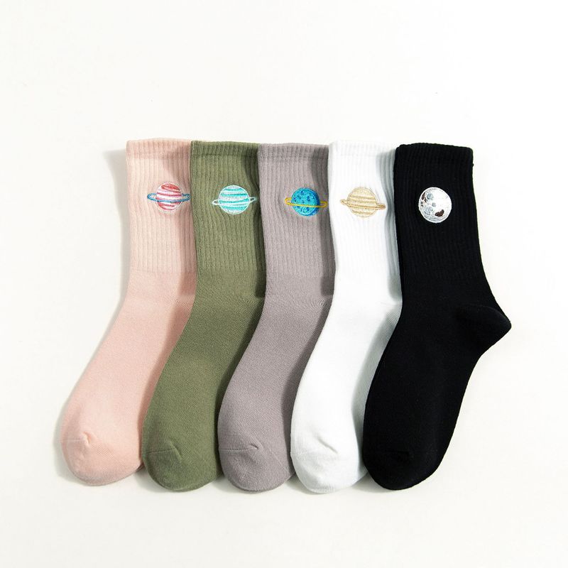 New Style Embroidery Planet Mid-tube Candy Color Socks Wholesale Nihaojewelry