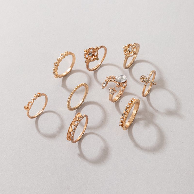 Golden Crown Flower Rhinestone Ring Nine-piece Set Wholesale Nihaojewelry