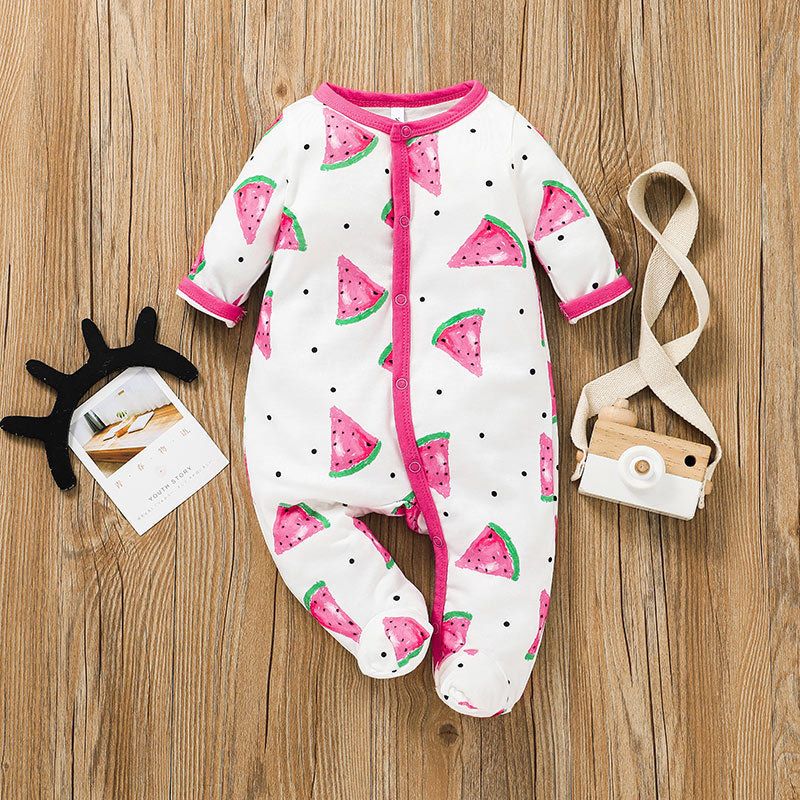 2021 Baby Sweet Watermelon Printing Long Type Crawling Suit Fashion Baby's Long-sleeved Rompers Jumpsuit Clothing Foreign Trade