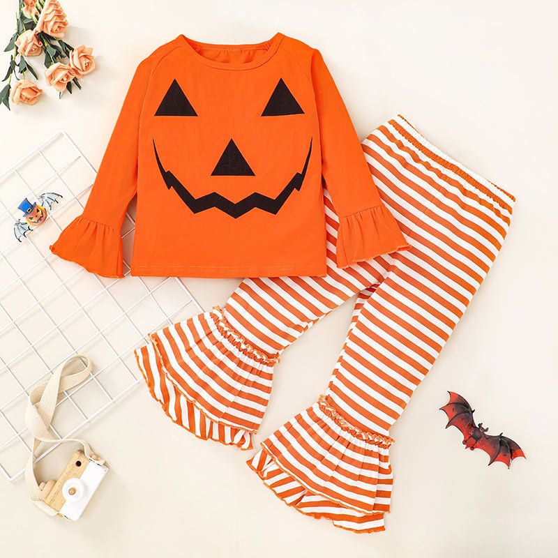 New Halloween Ghost Head T-shirt Trousers Two-piece Suit European And American Pumpkin Picture Striped Bell-bottom Pants Suit