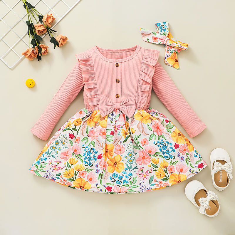 Fashion Bow Long-sleeved Pit Striped Flower Printed Dress Wholesale Nihaojewelry