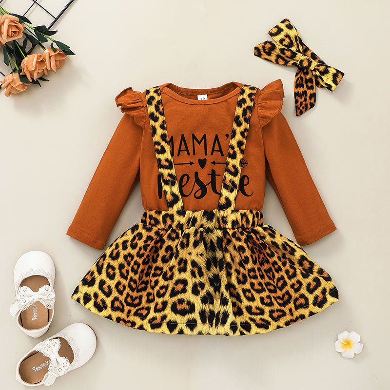 2021 New Type Baby Leopard Print Suspender Skirt Long-sleeve Jumpsuit Two-piece Set Baby Fashion Letter Onesie Suit