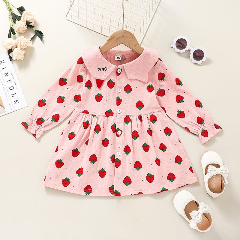 Fashion Children's Pink Strawberry Print Long-sleeved Dress Wholesale Nihaojewelry