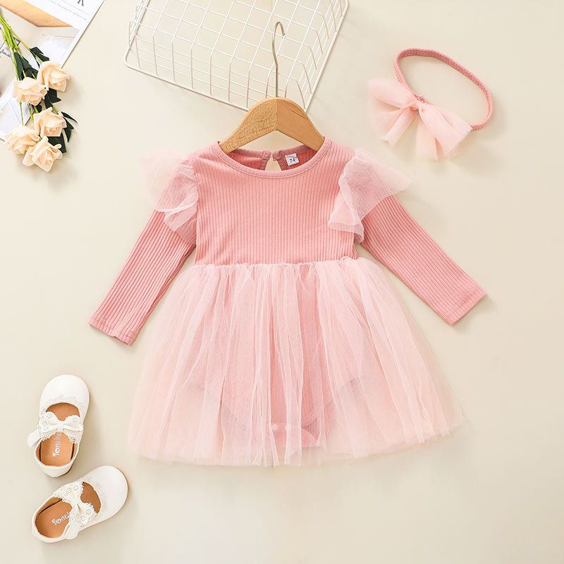 Niedliche Einfarbige Netzgarn Langarm Baby Einteiliges Kleid Großhandel Nihaojewelry