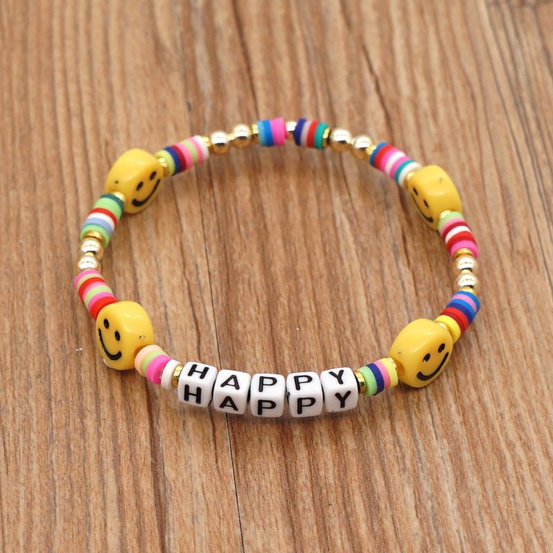 Factory Wholesale Couple Creative Bracelet Happy Letter Acrylic Yellow Smiley Face 4mm Mixed Color Polymer Clay Bracelet