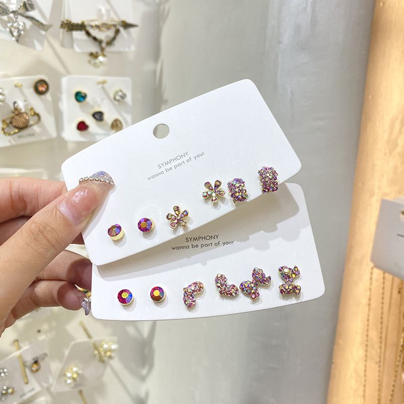 Koreanische Mode Bunt Eingelegte Strassschleife Herz Blume Ohrringe 6-teiliges Set Großhandel Nihaojewelry