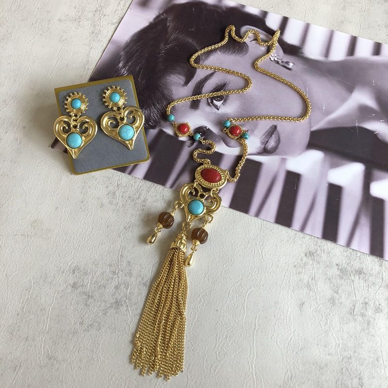 Vintage Turquoise Tassel Long Necklace Heart Stud Earrings Wholesale Nihaojewelry