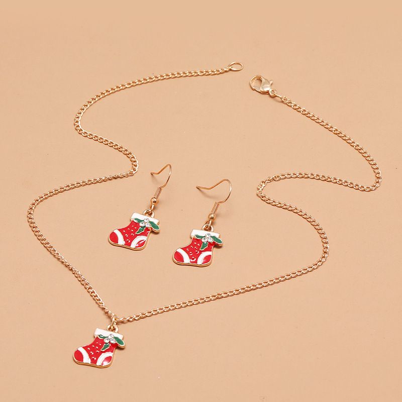 Einfaches Tropfendes Öl Weihnachtsstrumpf Ohrringe Halskette Set Großhandel Schmuck Nihaojewelry