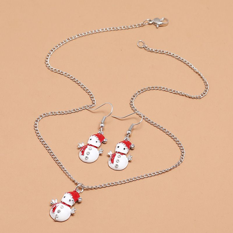 Cute Dripping Oil Saint Christmas Snowman Earrings Necklace 2-piece Set Wholesale Jewelry Nihaojewelry
