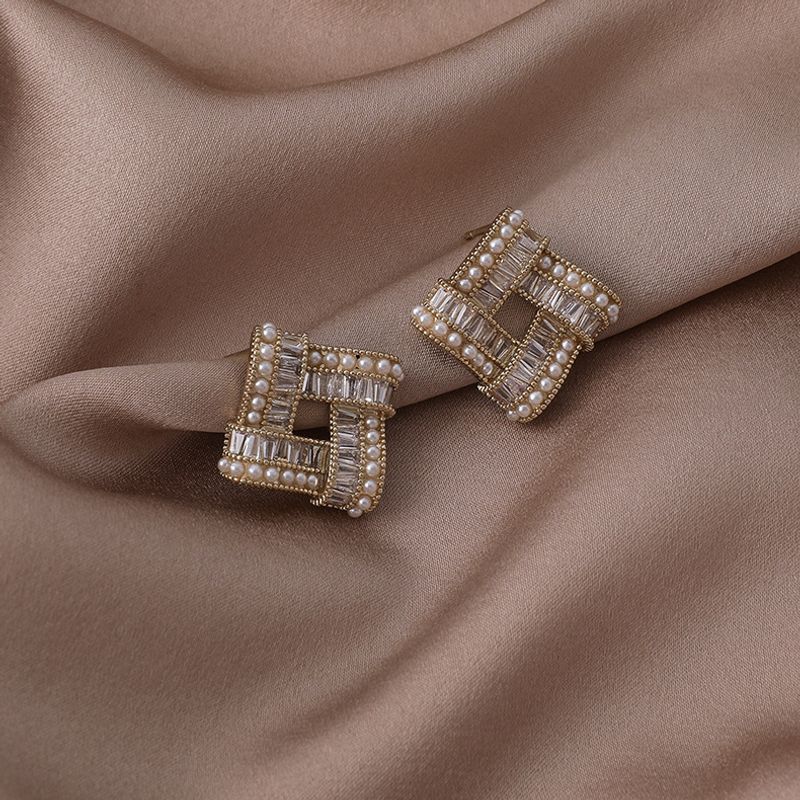 Boucles D&#39;oreilles De Couture De Zircon De Perle De Diamant Carré Géométrique De Style Coréen Bijoux En Gros Nihaojewelry