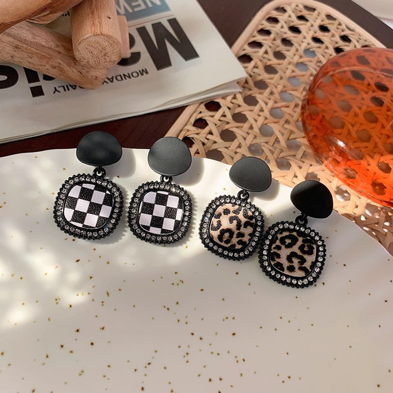 Retro Geometric Stitching Checkerboard Leopard Pattern Earrings Wholesale Jewelry Nihaojewelry