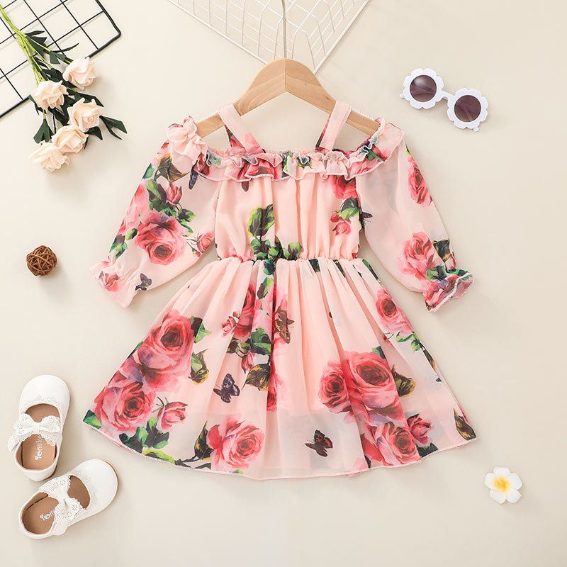 Fashion Chiffon Children's Suspender Floral Printing Dress Wholesale Nihaojewelry