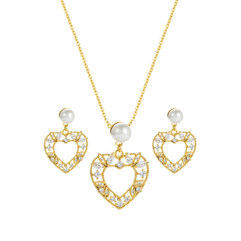Hollow Heart-shaped Pearl Pendant Korean Style Earrings Necklace Set Wholesale Jewelry Nihaojewelry