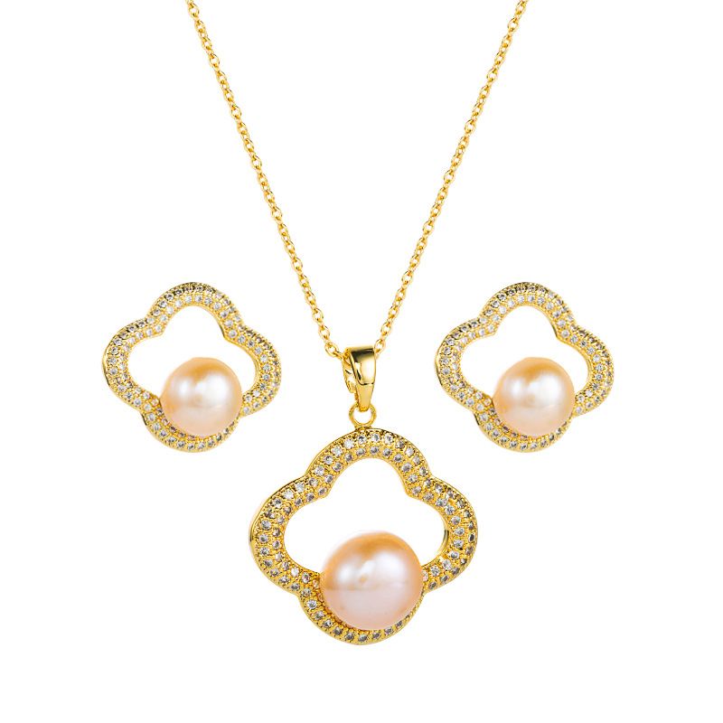 Copper Inlaid Zircon Pearl Flower Shape Korean Style Earrings Necklace Set Wholesale Jewelry Nihaojewelry