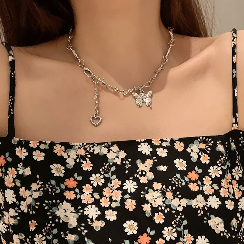 Butterfly Heart Shape Pendant Punk Style Necklace Wholesale Jewelry Nihaojewelry