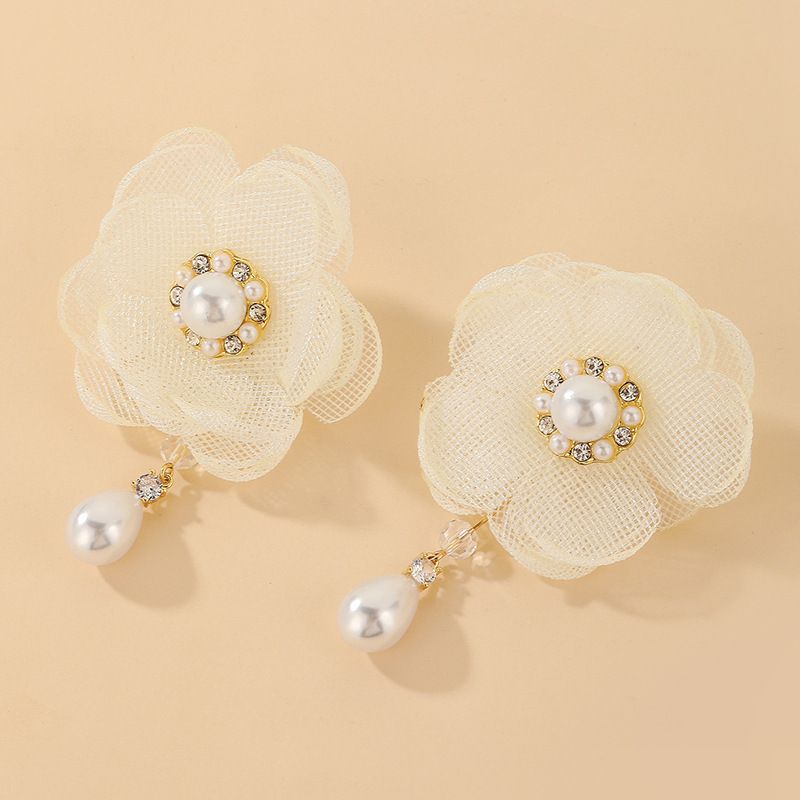 925 Silver Needle Organza Fabric Rhinestone-encrusted Pearl Flower Earrings European And American Ins Graceful And Fashionable Sweet Elegant Earrings