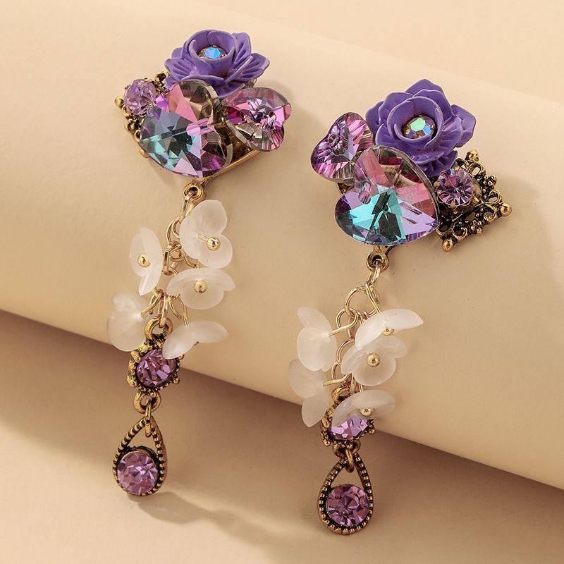 Pendientes De Flor De Corazón De Cristal Púrpura Retro Al Por Mayor Nihaojewelry