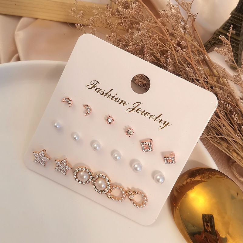 Korean New Simple Accessories Ins Style 9-piece Set Pearl Zircon Earrings Earrings Jewelry For Girls Factory Wholesale