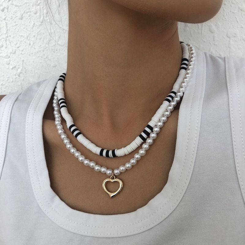 Baroque Simple Soft Ceramic Geometric Pearl Hollow Heart Necklace Wholesale Nihaojewelry