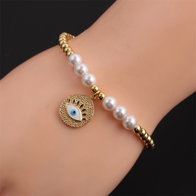 Fashion Zircon Demon Eye Copper Bead Pearl Elastic Bracelet Wholesale Nihaojewelry