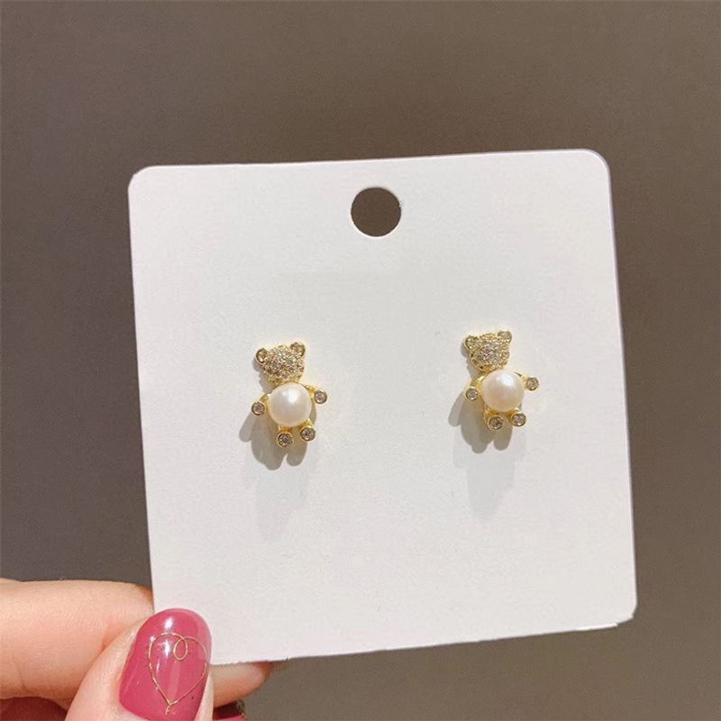 Korean Rhinestone Bear Pearl Earrings Wholesale Nihaojewelry