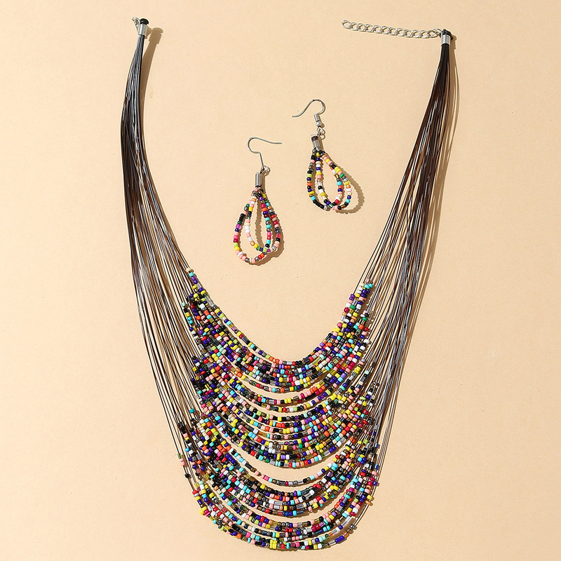 Korean Style Ethnic Style Wild Creative Rice Beads Necklace Earrings Set