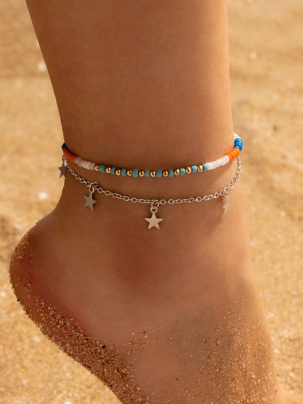 Bohemian Style Multi-color Mixed Wear Rice Bead Multi-layer Anklet Star Double-layer Anklet