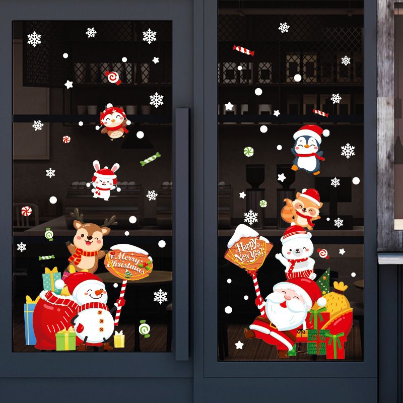 Ht94032 Bande Dessinée De Noël Santa Claus Bonhomme De Neige Cerfs Verre Fenêtre Décoration Murale Stickers Muraux