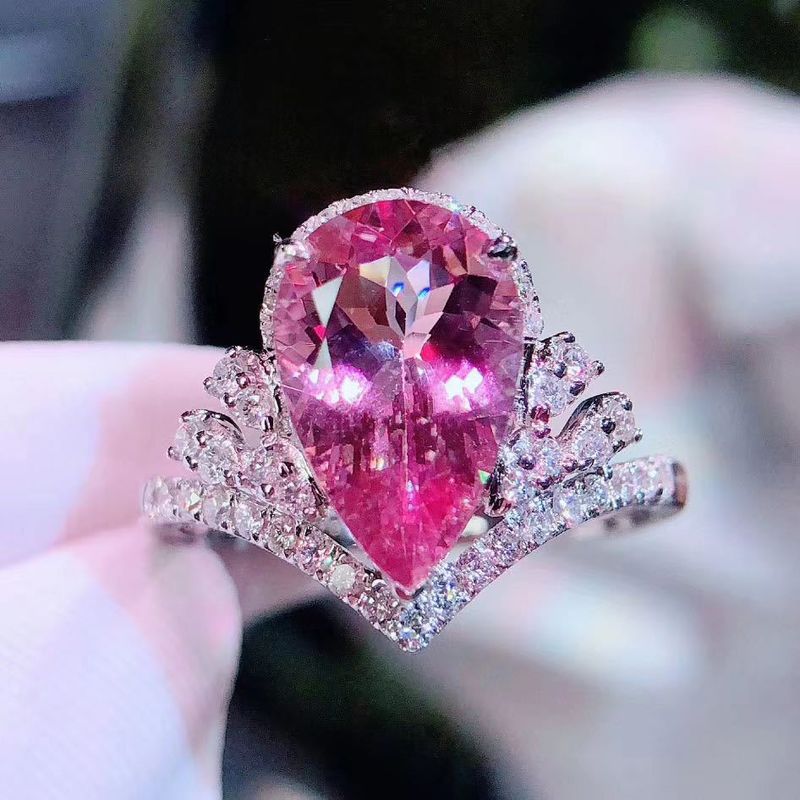 Explosions-luxus-krone Mit Hohem Kohlenstoff-diamant-tropfen-simulation Rosa Turmalin-farb Schatz Mit Offenem Ring Verlobung Diamantring