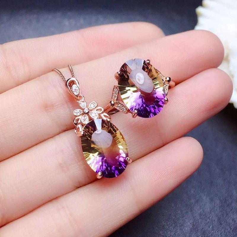 Live Broadcast Hot Sale New Colorful Watermelon Tourmaline Necklace Colorful Bright Luxury Egg-shaped Amethyst Rings Pendants