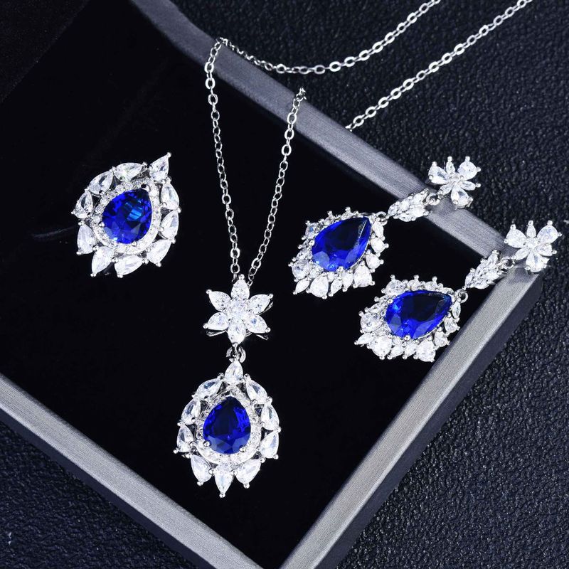 European And American Luxury Imitation Natural Tanzanite Blue Jewellery Drop-shaped Diamond Earrings, Colorful Ring Pendants
