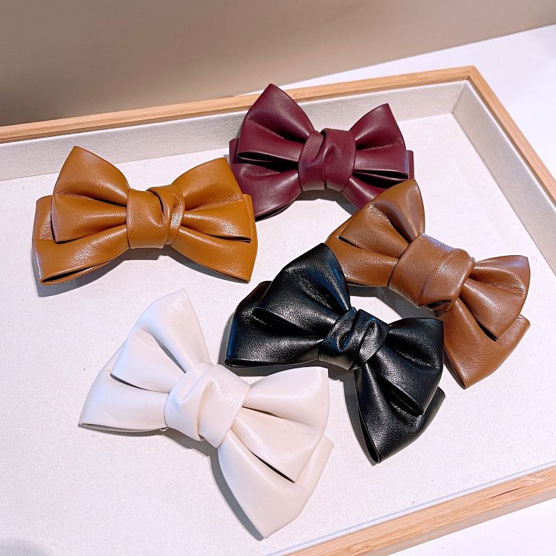 New Style Autumn And Winter French Retro Pu Leather Bow Hairpin Hairpin Temperament Hair Accessories Bangs Clip Hair Accessories
