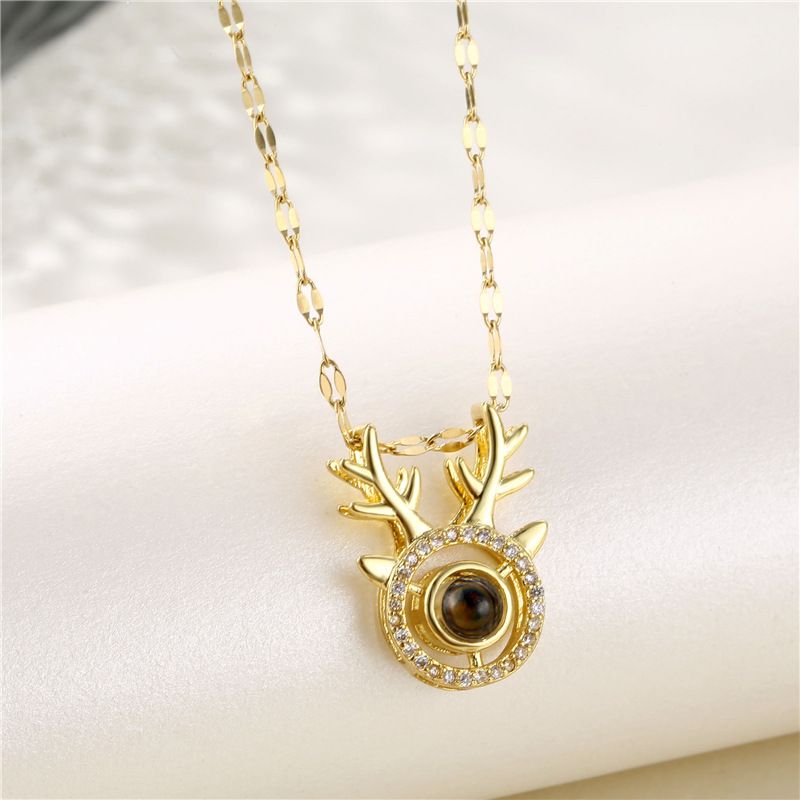 Zircon Projection Necklace Stainless Steel Antlers 100 Languages I Love You Necklace Deer Clavicle Chain